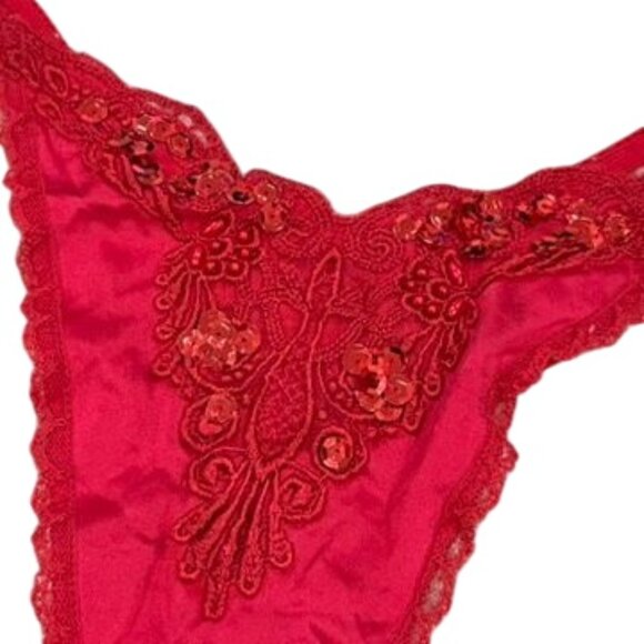 Victoria's Secret 80s Vintage Red Lace Sequin Embellished Thong Panty P/S 100% S - Picture 2 of 5